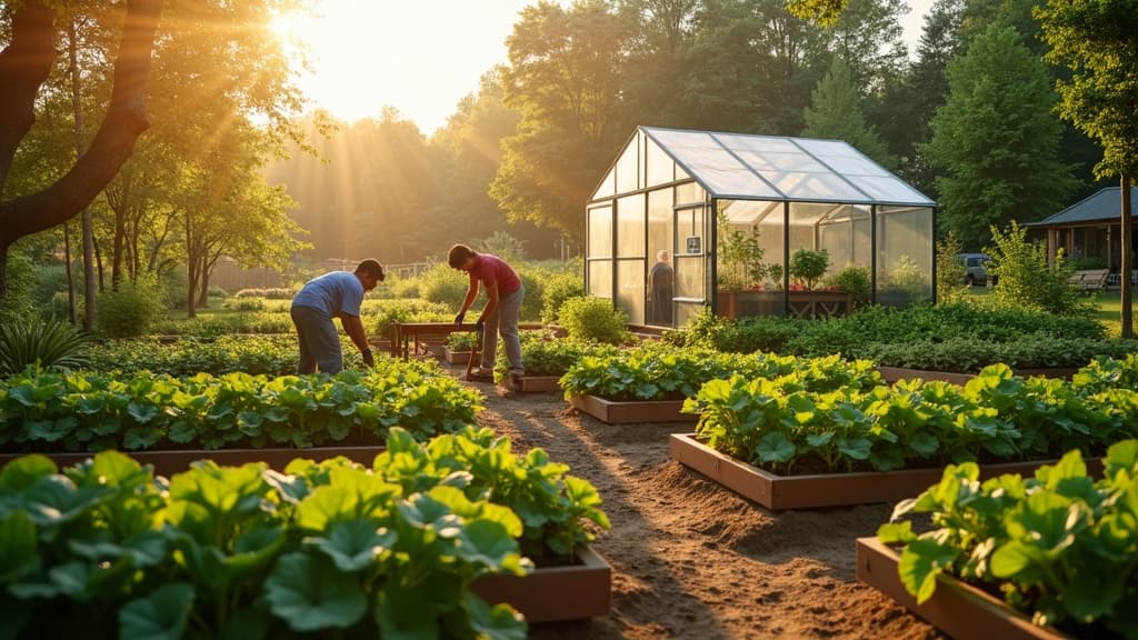 A community garden in warm morning light