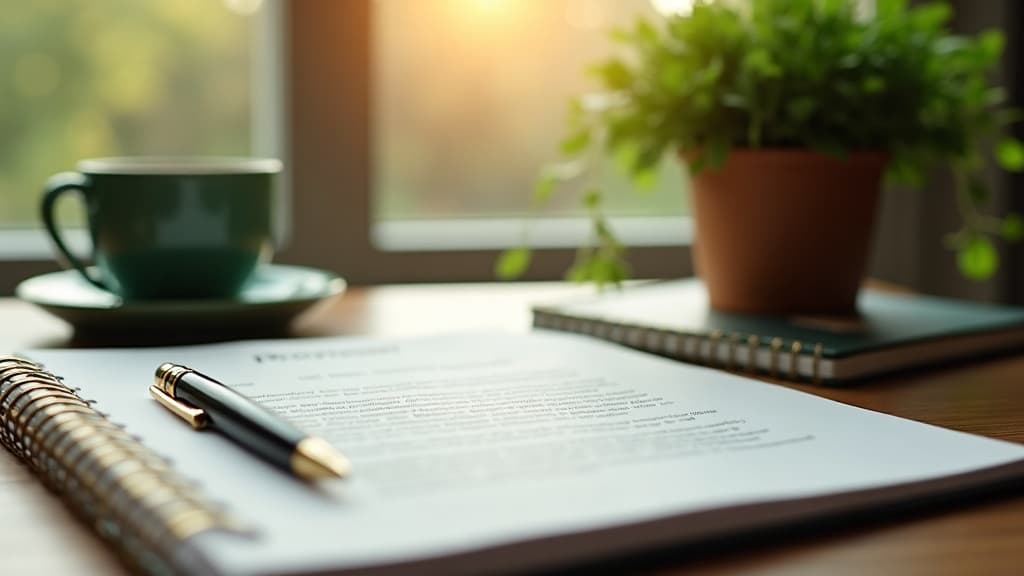 A fountain pen resting on a bound proposal document