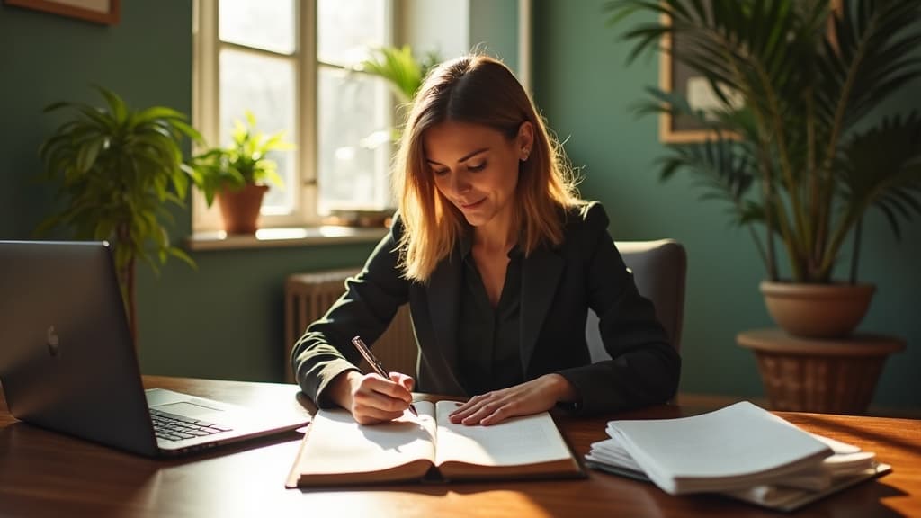A grant writer working on a proposal at a sunlit wooden desk
