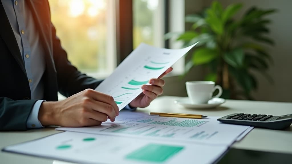 A consultant reviewing pricing documents at a bright desk