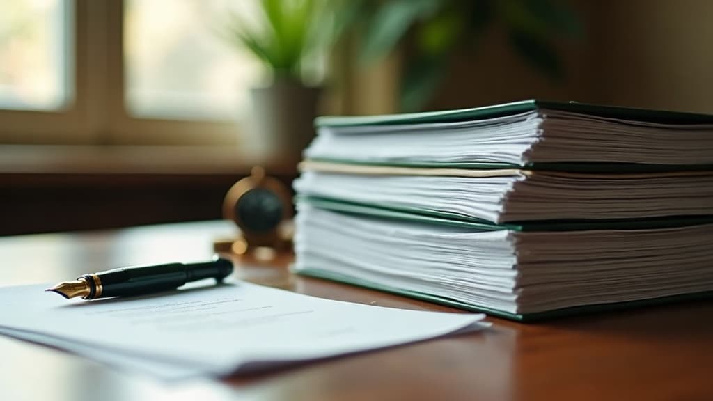 Bound grant proposal documents with a fountain pen on a desk